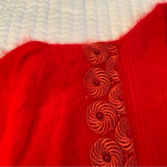 Unique Intl’ Vintage Red Angora Wool Beaded Open Front Cardigan Sweater Jacket - Picture 6 of 10